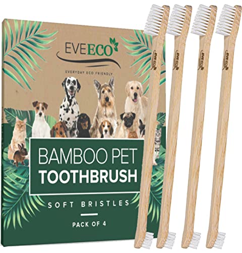 EveEco 4-Pack Bamboo Dog & Pet Toothbrushes - 2 Brush Heads Large & Small with Extra Long 8.5" Use with Toothpaste to Eliminate Cavities, Bad Breath, Tartar for Puppies, Cats, Kittens