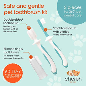 3 Piece Dog Toothbrush Kit - Dog Finger Toothbrush, Double-Sided Toothbrush, and Small Doggie Toothbrush - Freshen Breath & Remove Plaque Build-Up with this Cat Toothbrush and Puppy Toothbrush Set
