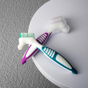 Liayozl Denture Brush Set with Cover, Cleaning Brush Double Sided Denture Toothbrush, Rubber Anti-Slip Handle, Denture Care False Teeth Cleaner Tool (2Brushes & 2Covers)