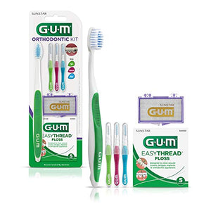 GUM Orthodontic Kit – Features Orthodontic Toothbrush, 3 Proxabrush Sizes and shred-resistant EasyThread Floss, and Mint Ortho Wax