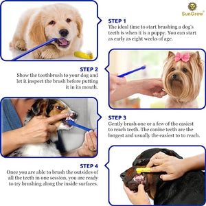 SunGrow Dog & Ferret Toothbrush Set of 4, 2 Long Dual-Headed Toothbrush and 2 Finger Brush, Blue and Yellow, Puppy, Cat, and Small Breed Dog Toothbrush, 9-Inches and 2.5-Inches
