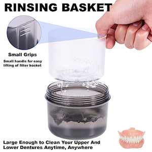 Denture Case, Leak Proof Denture Bath Cup for Travel, Denture Container Cups for Soaking Full & Partial Dentures, Retainers, Denture Cleaning Kit Holder Box with Denture Cleaner Brush-Transparent Grey