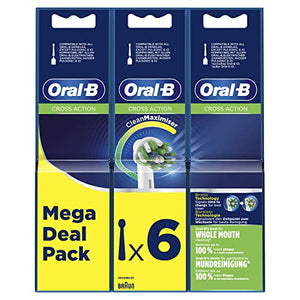 Oral-B Cross Action Electric Toothbrush Head with CleanMaximiser Technology, Angled Bristles for Deeper Plaque Removal, Pack of 6 Toothbrush Heads, White