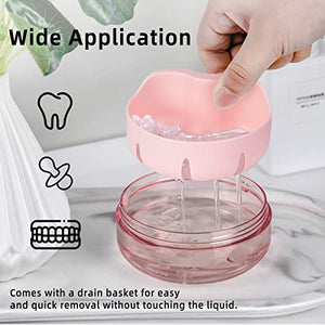 Leak Proof Denture Cup Kit Portable Retainer Case Perfect for Travel, Denture Case Container Cleaning Care for Dentures Aligner Mouth Guard with Denture Brush, Strainer, Removal Tool and Mirror（Pink）