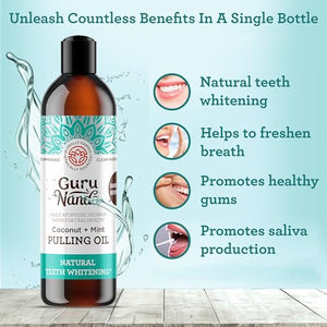 GuruNanda Oil Pulling (8 Fl.Oz) with Coconut & Peppermint Oil with Tongue Scraper Inside the Box - Natural, Alcohol Free Mouthwash to Help With Fresh Breath, Teeth Whitening and Healthier Teeth & Gums