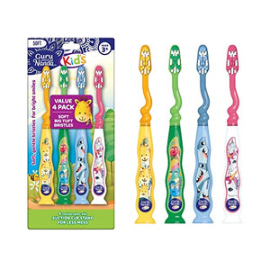 GuruNanda Kids Toothbrush with Suction Cup & Fun Animal Designs - Soft Bristles for Bright Smiles and Healthy Teeth & Gums - Non-Slippery & Mess-Free Toothbrush, Suitable for Ages 3+ - 4 Count