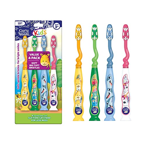 GuruNanda Kids Toothbrush with Suction Cup & Fun Animal Designs - Soft Bristles for Bright Smiles and Healthy Teeth & Gums - Non-Slippery & Mess-Free Toothbrush, Suitable for Ages 3+ - 4 Count