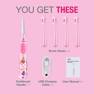 Vekkia Sonic Rechargeable Kids Electric Toothbrush, 3 Modes with Memory, Fun & Easy Cleaning, 24000 Strokes, IPX7 Waterproof, 2-Min Timer for Age 3+, 4 Soft Bristles(Rainbow Jada)