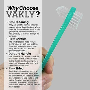Vakly Denture Brush [Pack of 10] Individually Bagged Denture Brushes with Hard Firm Flat Bristled Heads for Cleaning Dentures, Retainers, False Teeth, Clear Braces, and Mouth Guards