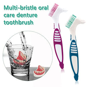 Denture Cleaner Box and Brush Set - 2 Pack Denture Bath Case with Basket + 2 Pack Denture Brush, Portable Denture Retainer Storage Box, False Teeth Brushes for Oral Care (Green and Dark blue)