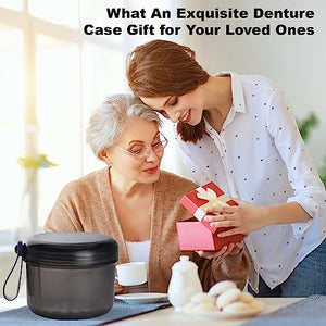 Denture Case, Leak Proof Denture Bath Cup for Travel, Denture Container Cups for Soaking Full & Partial Dentures, Retainers, Denture Cleaning Kit Holder Box with Denture Cleaner Brush-Transparent Grey