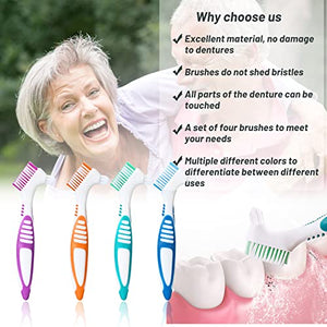Mckkor Denture Brush 4 Pack Cleaning Brush,Double Sided Denture Toothbrushes, Multi-Layered Bristles & Ergonomic Rubber Anti-Slip Handle Denture Brush Toothbrush, for Denture Cleaning Care