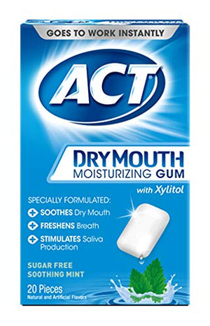 ACT Dry Mouth Moisturizing Gum, Soothing Mint, Sugar Free, 20 Count (3 Pack)