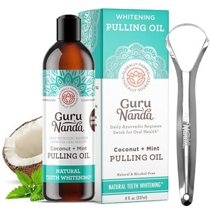 GuruNanda Oil Pulling (8 Fl.Oz) with Coconut & Peppermint Oil with Tongue Scraper Inside the Box - Natural, Alcohol Free Mouthwash to Help With Fresh Breath, Teeth Whitening and Healthier Teeth & Gums