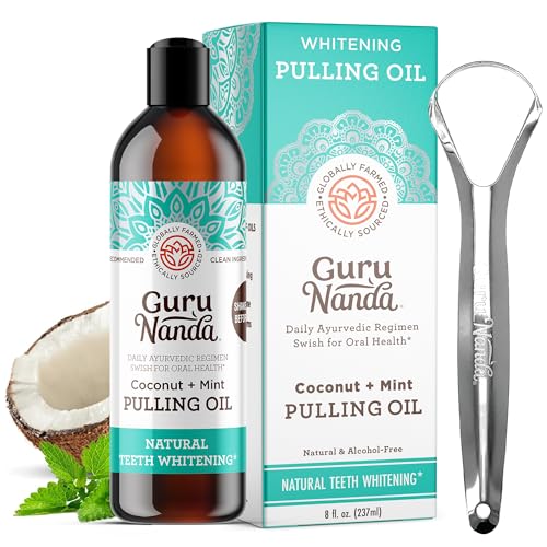 GuruNanda Oil Pulling (8 Fl.Oz) with Coconut & Peppermint Oil with Tongue Scraper Inside the Box - Natural, Alcohol Free Mouthwash to Help With Fresh Breath, Teeth Whitening and Healthier Teeth & Gums