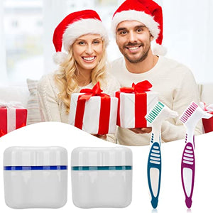 Denture Cleaner Box and Brush Set - 2 Pack Denture Bath Case with Basket + 2 Pack Denture Brush, Portable Denture Retainer Storage Box, False Teeth Brushes for Oral Care (Green and Dark blue)