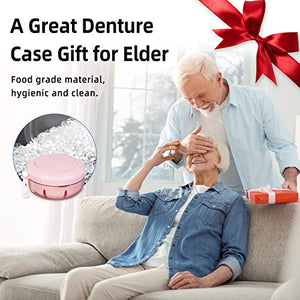 Leak Proof Denture Cup Kit Portable Retainer Case Perfect for Travel, Denture Case Container Cleaning Care for Dentures Aligner Mouth Guard with Denture Brush, Strainer, Removal Tool and Mirror（Pink）