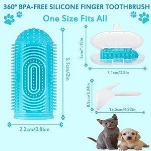 Dog Toothbrush + Storage Box + 2 Gloves - 360º Dog Tooth Brushing Kit - 100% BPA-Free - 3/4" in Diameter Opening - Soft and Elastic - Ideal for Pups, Kittens, and Petite Pets