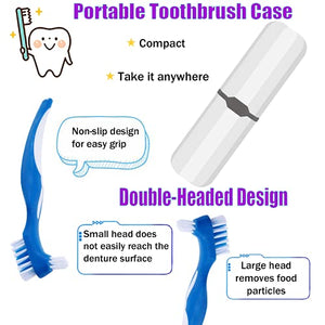 Denture Case Kit, 2 Denture Cup with 2 Denture Brush & 2 Portable Brush Box, Denture Bath Cup with Strainer & Lid for Travel, Storage Soak Container Retainer Cleaner (Blue & Purple)
