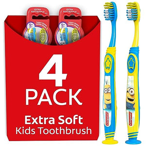 Colgate Kids Toothbrush, Minions, With Extra Soft Bristles and Built In Suction Cup Holder, 4 Pack