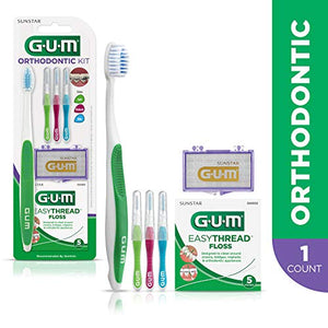GUM Orthodontic Kit – Features Orthodontic Toothbrush, 3 Proxabrush Sizes and shred-resistant EasyThread Floss, and Mint Ortho Wax