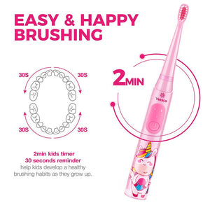 Vekkia Sonic Rechargeable Kids Electric Toothbrush, 3 Modes with Memory, Fun & Easy Cleaning, 24000 Strokes, IPX7 Waterproof, 2-Min Timer for Age 3+, 4 Soft Bristles(Rainbow Jada)