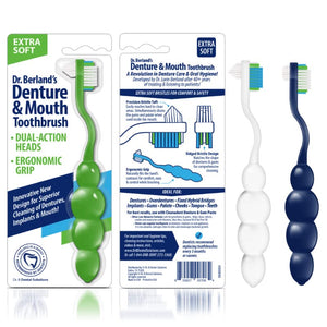 Dr. B Dental Solutions Ergonomic Denture Toothbrush Extra Soft Bristles, Removes Stains & Odor Precision Design for Implants & Overdentures Single Blue Pack