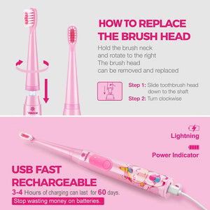 Vekkia Sonic Rechargeable Kids Electric Toothbrush, 3 Modes with Memory, Fun & Easy Cleaning, 24000 Strokes, IPX7 Waterproof, 2-Min Timer for Age 3+, 4 Soft Bristles(Rainbow Jada)