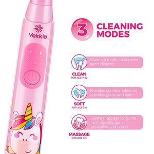 Vekkia Sonic Rechargeable Kids Electric Toothbrush, 3 Modes with Memory, Fun & Easy Cleaning, 24000 Strokes, IPX7 Waterproof, 2-Min Timer for Age 3+, 4 Soft Bristles(Rainbow Jada)