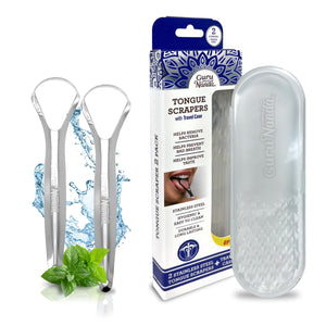 GuruNanda Stainless Steel Tongue Scraper (Pack of 2) with Travel Case, Medical Grade 100% Stainless Steel, Aids in Fresh Breath & Overall Oral Care - Travel Friendly Tongue Scraper For Adults and Kids