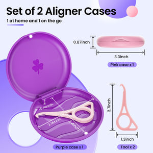 (2 Pack) Aligner and Retainer Case w/ 2 Aligner Tools, Solid Orthodontic Retainer Case with Magnetic Closure, Aligner Case for Invisalign- Pink & Purple