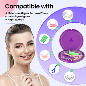 (2 Pack) Aligner and Retainer Case w/ 2 Aligner Tools, Solid Orthodontic Retainer Case with Magnetic Closure, Aligner Case for Invisalign- Pink & Purple