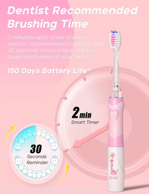 SEAGO Kids Electric Toothbrushes Sonic Toothbrush, Soft Battery Powered Tooth Brush with Smart Timer,Waterproof Replaceable Deep Clean for Kids(Age of 3+)，Child Electric Toothbrush (977Pink)…