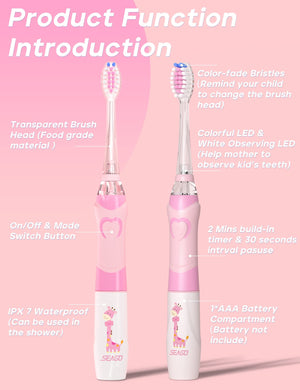 SEAGO Kids Electric Toothbrushes Sonic Toothbrush, Soft Battery Powered Tooth Brush with Smart Timer,Waterproof Replaceable Deep Clean for Kids(Age of 3+)，Child Electric Toothbrush (977Pink)…
