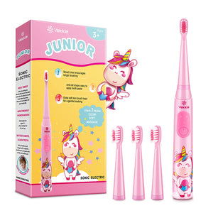 Vekkia Sonic Rechargeable Kids Electric Toothbrush, 3 Modes with Memory, Fun & Easy Cleaning, 24000 Strokes, IPX7 Waterproof, 2-Min Timer for Age 3+, 4 Soft Bristles(Rainbow Jada)