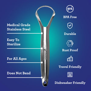 GuruNanda Stainless Steel Tongue Scraper (Pack of 2) with Travel Case, Medical Grade 100% Stainless Steel, Aids in Fresh Breath & Overall Oral Care - Travel Friendly Tongue Scraper For Adults and Kids