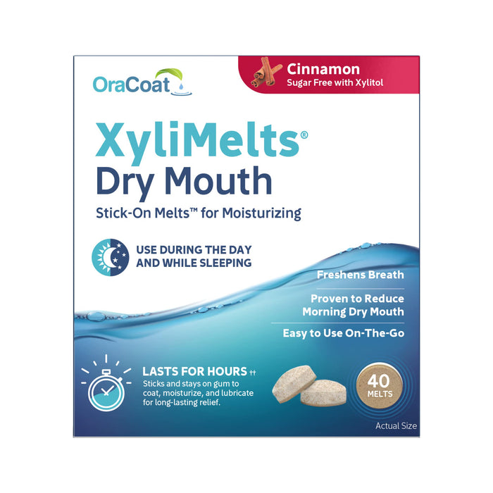 OraCoat® XyliMelts Dry Mouth Stick-on™ Melts for Moisturizing, Cinnamon with Xylitol, For Dry Mouth, Stimulates Saliva, Non-Acidic, Day and Night Use, 40 Count