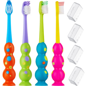 Trueocity Kids Toothbrushes 4 Pack - Soft Contoured Bristles - Child Sized Brush Heads (3-10 Year Old) - Suction Cup for Fun & Easy Storage - Girl & Boy Set (4-Pack, Multi-Color)