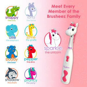 Brusheez® Kids’ Electric Toothbrush Set - Safe & Effective for Ages 3+ - Parent Tested & Approved with Gentle Bristles, 2 Brush Heads, Rinse Cup, 2-Minute Timer, & Storage Base (Sparkle The Unicorn)