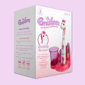 Brusheez® Kids’ Electric Toothbrush Set - Safe & Effective for Ages 3+ - Parent Tested & Approved with Gentle Bristles, 2 Brush Heads, Rinse Cup, 2-Minute Timer, & Storage Base (Sparkle The Unicorn)